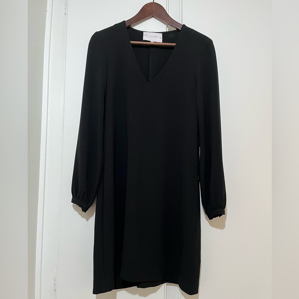 Charles Henry Crepe Black V-Neck Sheath Dress with Bishop Sleeves